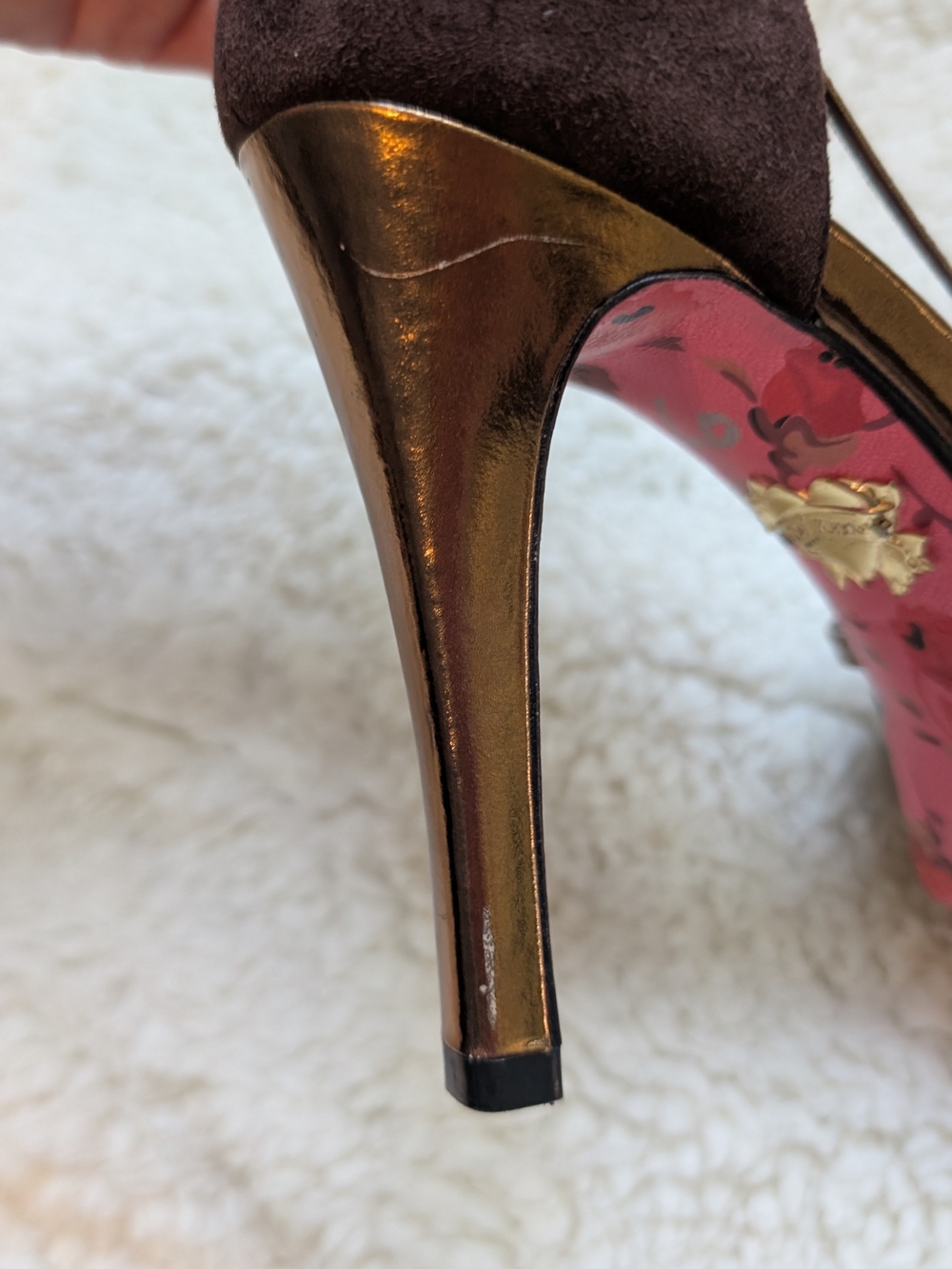 Betsey Johnson Brown Suede Open-Toe Heels with Gold Trim - Picture 6 of 6